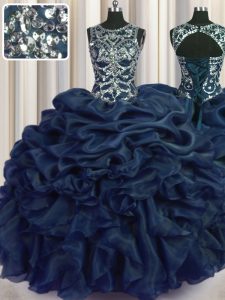 Scoop Navy Blue Ball Gowns Beading and Pick Ups Quince Ball Gowns Lace Up Organza Sleeveless Floor Length