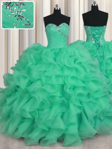 Turquoise Quinceanera Gowns Military Ball and Sweet 16 and Quinceanera and For with Beading and Ruffles Sweetheart Sleev