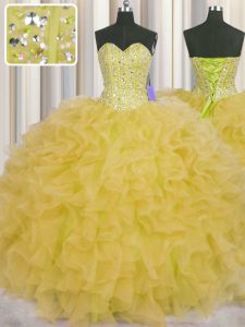 Sophisticated Visible Boning Yellow Lace Up 15th Birthday Dress Beading and Ruffles and Sashes ribbons Sleeveless Floor 