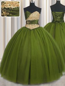 Cute Beading and Ruching and Belt Quinceanera Gown Olive Green Lace Up Sleeveless Floor Length
