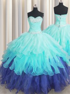 Custom Made Multi-color Sleeveless Floor Length Beading and Ruffles and Ruffled Layers and Sequins Lace Up 15 Quinceaner