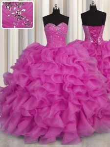 Fuchsia Ball Gowns Sweetheart Sleeveless Organza Floor Length Lace Up Beading and Ruffles Sweet 16 Dress