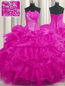 Organza Strapless Sleeveless Lace Up Beading and Ruffled Layers and Pick Ups Sweet 16 Quinceanera Dress in Hot Pink and 