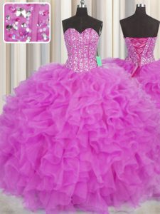 Visible Boning Fuchsia Lace Up Quinceanera Gown Beading and Ruffles Sleeveless Floor Length