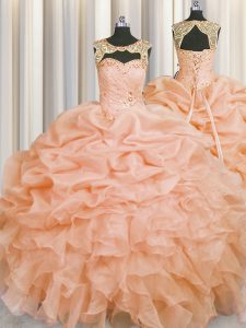 Fantastic Scoop Pick Ups Floor Length Ball Gowns Sleeveless Peach Ball Gown Prom Dress Lace Up