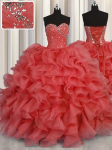 Hot Selling Organza Sweetheart Sleeveless Lace Up Beading and Ruffles Quinceanera Dresses in Coral Red