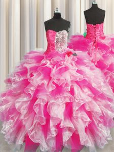 Organza Sweetheart Sleeveless Lace Up Beading and Ruffles and Ruching 15 Quinceanera Dress in Pink And White