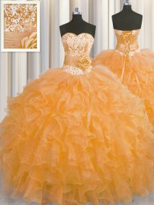 Noble Handcrafted Flower Organza Sweetheart Sleeveless Lace Up Beading and Ruffles and Hand Made Flower Ball Gown Prom D