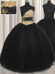 Sweetheart Sleeveless Quince Ball Gowns Floor Length Beading and Appliques and Ruching and Belt Black Tulle