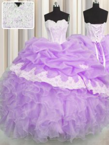 Deluxe Pick Ups Lilac Sleeveless Organza Lace Up Ball Gown Prom Dress for Military Ball and Sweet 16 and Quinceanera