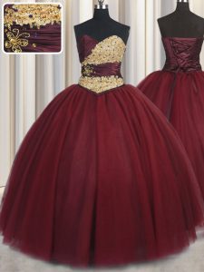 Wine Red Tulle Lace Up Sweetheart Sleeveless Floor Length 15th Birthday Dress Beading and Appliques