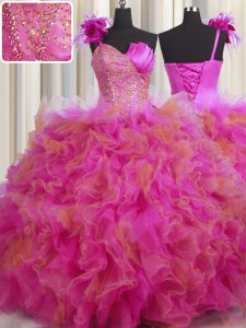One Shoulder Handcrafted Flower Sleeveless Floor Length Beading and Ruffles and Hand Made Flower Lace Up Quinceanera Gow
