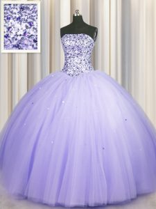 Fantastic Puffy Skirt Floor Length Lace Up Quince Ball Gowns Lavender for Military Ball and Sweet 16 and Quinceanera wit