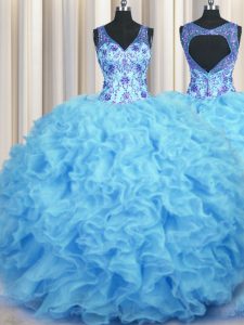 Trendy V Neck Floor Length Zipper 15 Quinceanera Dress Baby Blue for Military Ball and Sweet 16 and Quinceanera with Bea
