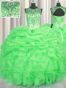Fashion See Through Organza Scoop Sleeveless Lace Up Beading and Ruffles and Pick Ups Quinceanera Gowns in