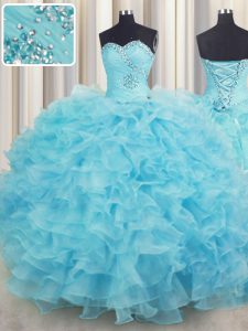 Aqua Blue Lace Up Quinceanera Dresses Beading and Ruffles Sleeveless Floor Length