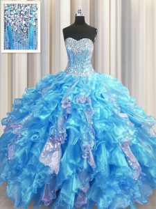 Visible Boning Baby Blue Lace Up Sweet 16 Dress Beading and Ruffles and Sequins Sleeveless Floor Length