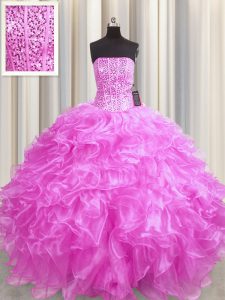Visible Boning Rose Pink Lace Up Quinceanera Gown Beading and Ruffles Sleeveless Floor Length