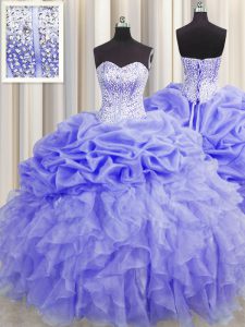 Visible Boning Lavender Sweetheart Lace Up Beading and Ruffles and Pick Ups Quince Ball Gowns Sleeveless