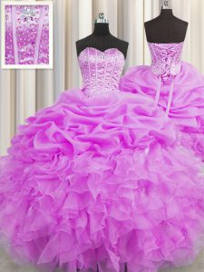 Dynamic Visible Boning Lilac Organza Lace Up Quinceanera Dresses Sleeveless Floor Length Beading and Ruffles and Pick Up