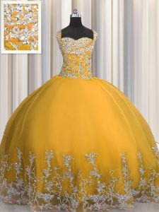 Cute Floor Length Gold Sweet 16 Quinceanera Dress Tulle Sleeveless Beading and Appliques