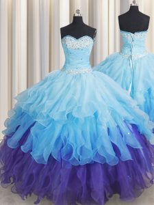 Sleeveless Floor Length Beading and Ruffles and Ruffled Layers and Sequins Lace Up Sweet 16 Dress with Multi-color