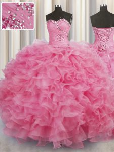 Traditional Beading and Ruffles Quinceanera Gowns Rose Pink Lace Up Sleeveless Floor Length
