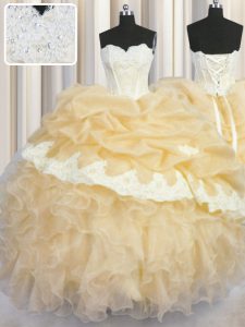 Fashionable Gold Lace Up 15th Birthday Dress Beading and Appliques and Ruffles and Pick Ups Sleeveless Floor Length