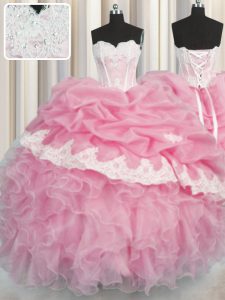 Flirting Rose Pink Lace Up Sweetheart Beading and Appliques and Ruffles and Pick Ups 15th Birthday Dress Organza Sleevel