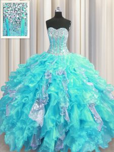 Extravagant Visible Boning Sleeveless Lace Up Floor Length Beading and Ruffles and Sequins Quinceanera Dress