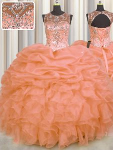 See Through Sleeveless Organza Floor Length Lace Up Sweet 16 Quinceanera Dress in Orange with Beading and Ruffles and Pi