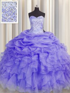 Comfortable Lavender Organza Lace Up Sweetheart Sleeveless Floor Length 15 Quinceanera Dress Beading and Ruffles