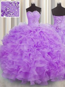 Fitting Floor Length Lace Up Quinceanera Gown Lilac for Military Ball and Sweet 16 and Quinceanera with Beading and Ruff