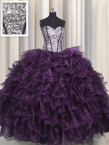 Sequins Visible Boning Floor Length Ball Gowns Sleeveless Dark Purple Quinceanera Dress Lace Up