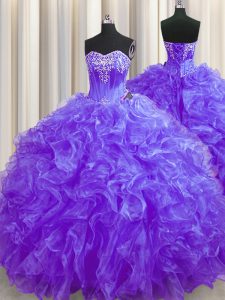 Purple Sleeveless Beading and Ruffles Lace Up Quinceanera Gown