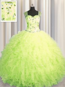 See Through Zipper Up Yellow Green Sleeveless Tulle Zipper Quince Ball Gowns for Military Ball and Sweet 16 and Quincean