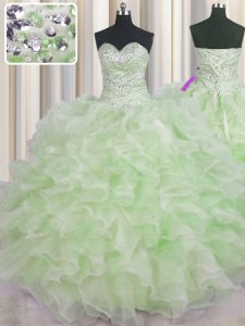 Great Green Organza Lace Up Sweetheart Sleeveless Floor Length Sweet 16 Dress Beading and Ruffles