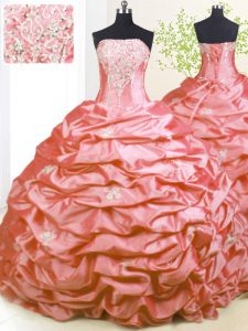 Smart Pink Ball Gowns Strapless Sleeveless Taffeta With Train Sweep Train Lace Up Beading and Pick Ups Ball Gown Prom Dr