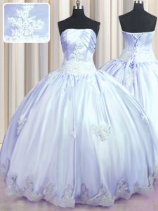 Lavender Lace Up Strapless Appliques Sweet 16 Quinceanera Dress Taffeta Sleeveless