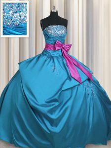 Exceptional Beading and Ruching and Bowknot Quince Ball Gowns Teal Lace Up Sleeveless Floor Length