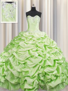 Clearance Brush Train Yellow Green Sleeveless Beading and Pick Ups Lace Up Quince Ball Gowns