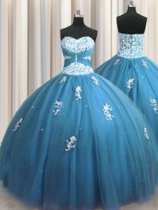 Sweetheart Sleeveless Sweet 16 Dress Floor Length Beading and Appliques Teal Tulle