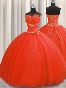 Fitting Handcrafted Flower Coral Red Ball Gowns Strapless Sleeveless Tulle Floor Length Lace Up Beading and Sequins and 