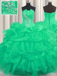 Enchanting Pick Ups Ruffled Ball Gowns 15th Birthday Dress Turquoise Strapless Organza Sleeveless Floor Length Lace Up