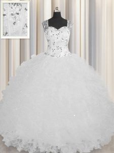 See Through Zipper Up Tulle Square Sleeveless Zipper Beading and Ruffles 15th Birthday Dress in White