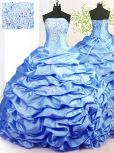 Glamorous Baby Blue Taffeta Lace Up Strapless Sleeveless With Train 15 Quinceanera Dress Sweep Train Beading and Pick Up