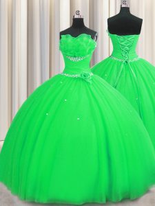 Handcrafted Flower Sleeveless Tulle Floor Length Lace Up Quinceanera Gown in Green with Beading and Sequins and Hand Mad