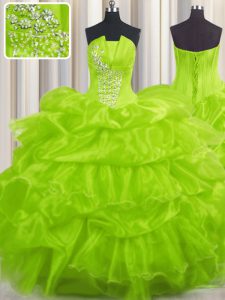 Pretty Sleeveless Organza Floor Length Lace Up Quinceanera Gown in with Beading and Ruffles and Pick Ups