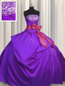 High Class Bowknot Floor Length Purple Quince Ball Gowns Strapless Sleeveless Lace Up
