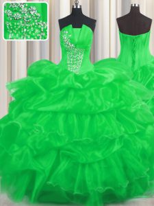 Pick Ups Ruffled Floor Length Green Sweet 16 Dresses Strapless Sleeveless Lace Up